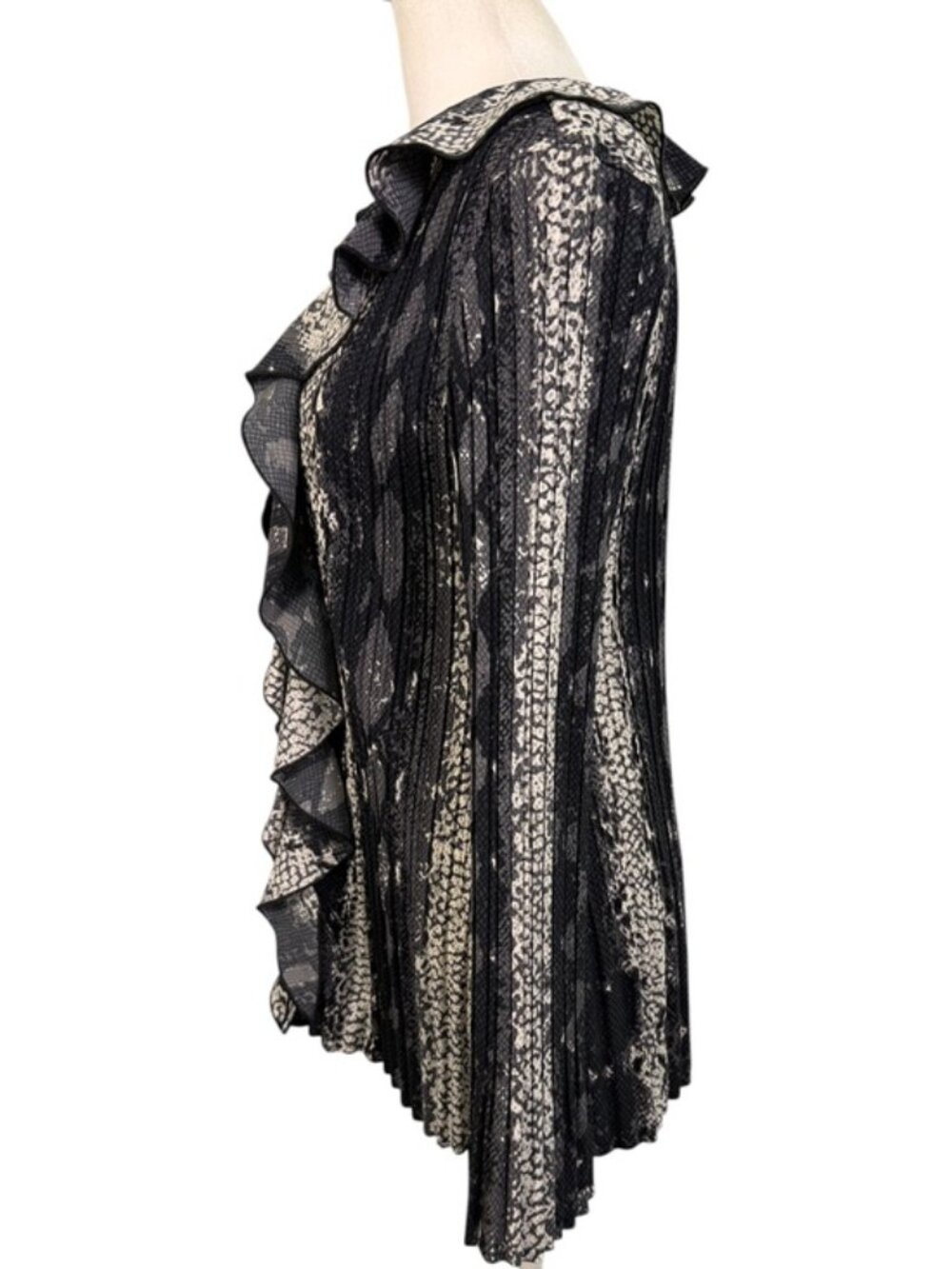 Fred David Stretch Snakeskin Print Ruffle Blouse Large Black Gray Ivory - Picture 7 of 10